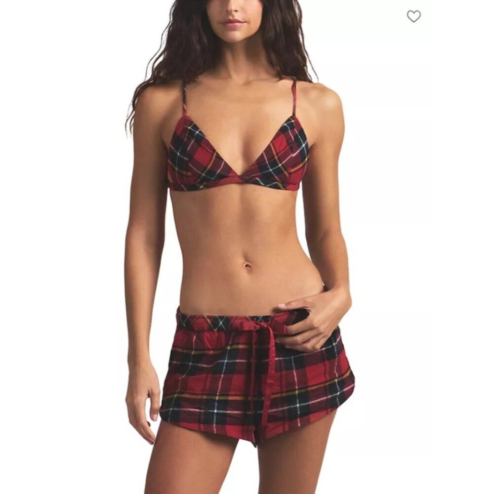 NEW SKIMS Sleep Flannel Drawstring Micro Shorts Small Brick Holiday Plaid NWT
